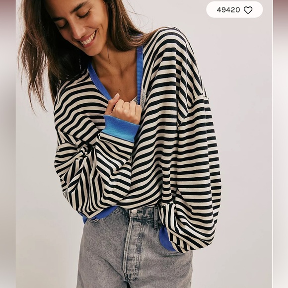 NWOT We The Free Classic Striped Oversized Crewneck Sweatshirt/ Black Combo - Picture 2 of 12